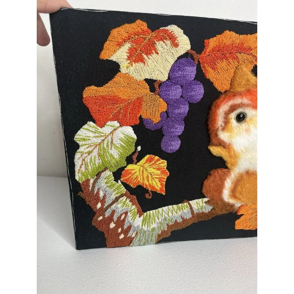 Vtg Handmade Crewel Embroidered Fall‎ Squirrel Leaves Picture Unframed Vibrant